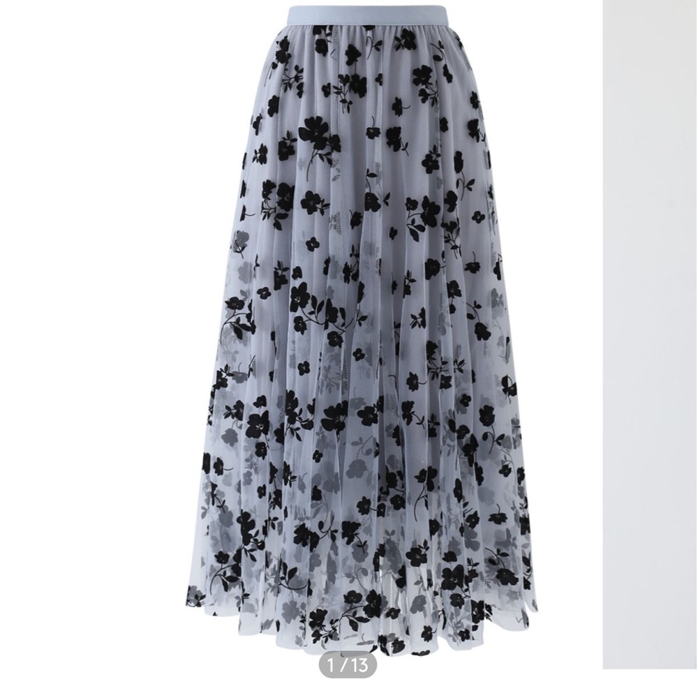 NWOT Chicwish 3D POSY LINED DOUBLE-LAYERED MESH MIDI SKIRT IN DUSTY BLUE XS - Picture 7 of 14